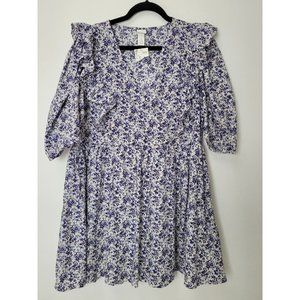 H&M Wild Flower Blue Oversized Smock Dress Boho Lined Cotton Size M Midi NWT